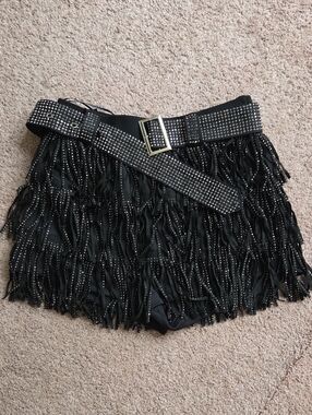AKIRA Black Fringe Mini Skirt with Studded Belt (Built-in Shorts)